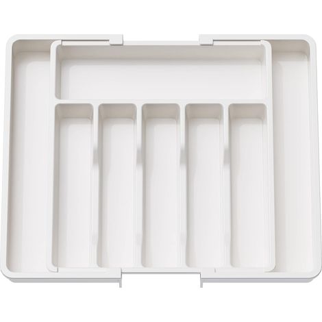 Cutlery Tray-White, Expandable Utensil Tray for Drawer, Adjustable Drawer Organizer for Kitchen, Compact Plastic Storage to Hold Spoons, Forks