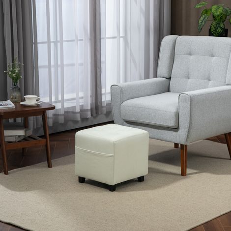 Repose pied salon, ottoman, siège rembourré capitonné en tissu aspect lin avec poche latérale, 35 x 35 x 35 cm, crème (1/5)