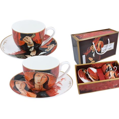 Carmani, Set aus 2 Tassen und Untertassen – Modigliani/Frau mit Hut und Mario Varvogli