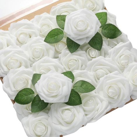 Roses Artificielles - 28 cm - Tige Filaire Souple - Diamètre Tête 8 cm - Décoration Mariage Bouquets Centre de Table DIY - Lot de 25 Pièces (1/5)