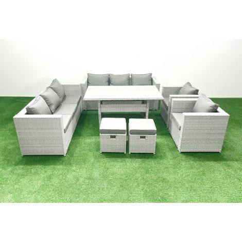 Fimous Rattan Gartenmöbel-Set Outdoor 8 Sitzer mit Esstisch 2 Sesseln 2 kleine Fußhockern Hellgrau gemischt