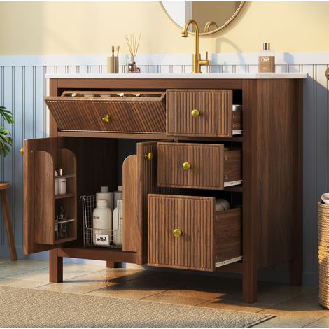 Meuble de salle de bain sur pied 91 cm avec vasque en céramique, rangements, noyer HAVRYA (1/5)