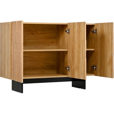 Moderne französische Kommode mit 3 Türen, geometrischer Front, MDF und Bambus, 105 x 33,5 x 76 cm (1/5)