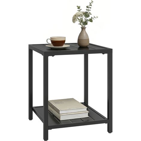 Tavolino da giardino quadrato a due ripiani in metallo per esterni, 45 x 45 x 54 cm, nero
