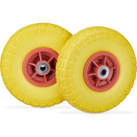 Relaxdays 2x Sackkarrenrad, pannensichere Vollgummireifen, 4.1/3.5-4", 16 mm Achse, bis 150 kg, 260x85 mm, gelb-rot