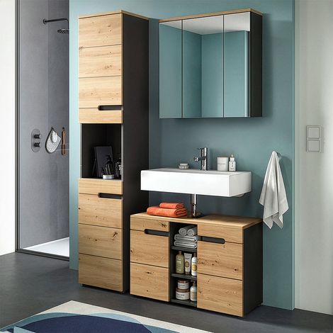 Badmöbel-Set 3-teilig mit 80 cm Waschbeckenunterschrank, Hochschrank & Spiegelschrank in Eiche mit grau CORTANA-158 (1/5)