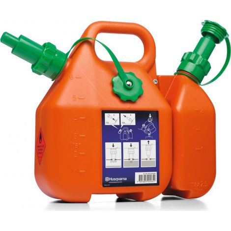 Bidón Combi Husqvarna con capacidad para 6 litros de combustible y 2,5 litros de aceite.