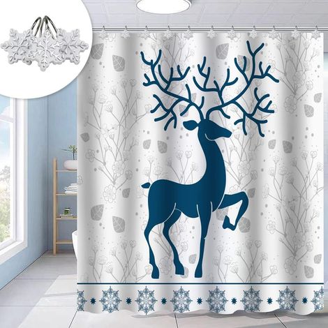 Rideau de douche de Noël bleu et blanc – renne, 12 crochets flocon, 72 x 72 pouces (1/5)