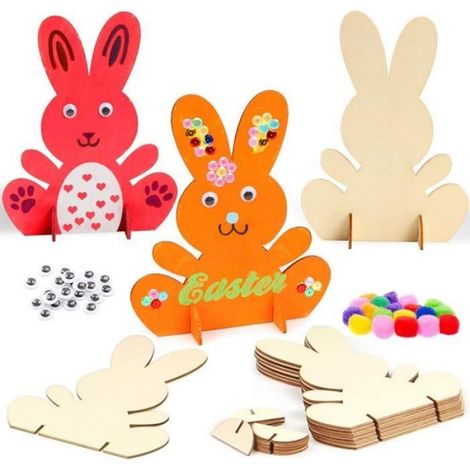 Décoration de Pâques - - Lapin en Bois - 20 pcs - Pompons Colorés - Yeux Roulés (1/4)