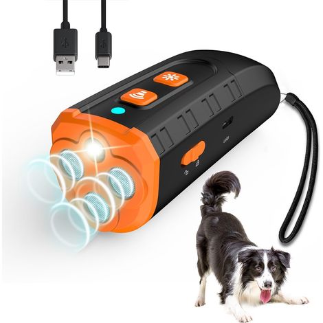 Dispositif anti-aboiement pour chiens – Émetteur ultrasonique triple (3X) pour faire cesser les aboiements, avec lampe torche LED et batterie rechargeable.