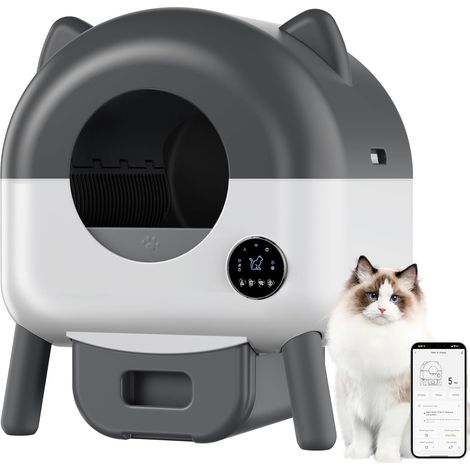 Bac Litière pour Chat Autonettoyant 66L, Maison de Toilette Connectée, Capteurs, Anti-pincement, App et 6 Lumières, Gris Foncé (1/5)