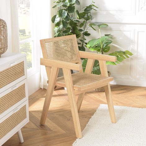 AGATHE - Fauteuil bois d'Hévéa clair dossier et assise rotin naturel (1/5)