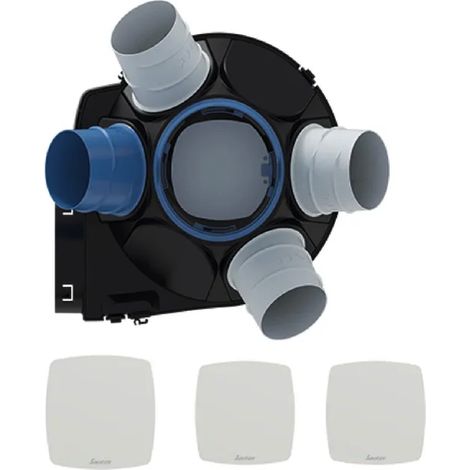 Sauter – VMC simple flux autoréglable à détection d'humidité – Débit 330m³/h – 4 piquages Ø 80mm – Pour 4 sanitaires + 1 cuisine – Niveau sonore 12dB