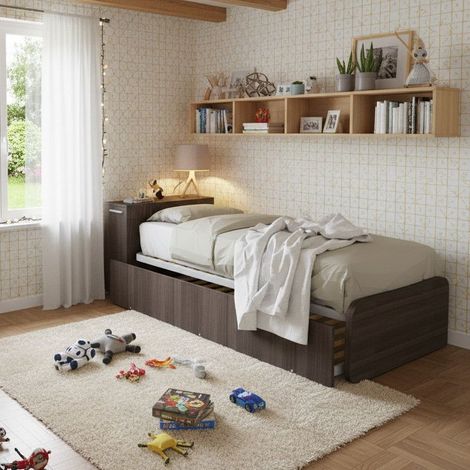 Letto singolo con secondo letto estraibile e testata testiera contenitiva - 80x190 - Olmo jerez scuro (1/4)
