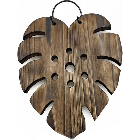 Jardinière murale en bois avec motif de feuille Monstera, 8, 3 x 9, 4 pouces, anneau suspension (1/5)