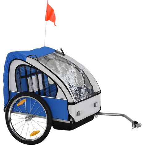 Remorque Vélo Enfant 2 Places, 2 Harnais de Sécurité, Châssis Acier et Housse Oxford Bleu