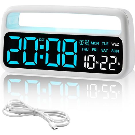 Réveil numérique LED à grand écran rechargeable par USB avec double alarme, date, semaine pour chambre à coucher, bureau, 3 niveaux de luminosité réglable, horloge de bureau de voyage pour enfants