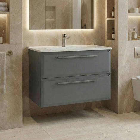 Meuble vasque suspendu 80 cm gris 2 tiroirs NEREE (1/4)