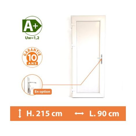 Direct Fenêtres – Porte de service PVC pleine – Blanc RAL 9016 – Tirant gauche – H.215 x l.90 cm – Isolation thermique optimale A – 5 points de fermeture