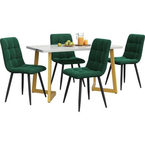 Table à manger 117 cm rectangulaire avec 4 chaises en velours vert foncé. Pieds de table dorés design moderne pour cuisine et salon. (1/5)