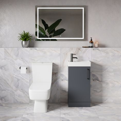 Napoli Cube Gloss Grey 400mm Single Door Vanity Unit and Toilet Suite with Align Basin - 400mm - Gunmetal Grey 160mm Handle