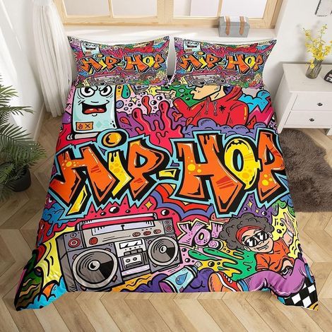 Housse de Couette 240 x 260 Graffiti en Microfibre avec 2 Taies d'oreiller, Parure de Lit Couleur Hip Hop pour Enfant Garçon Fille Ado, Ensemble de Literie Moderne Graffiti Street Art - 240x260cm + 2  (1/5)