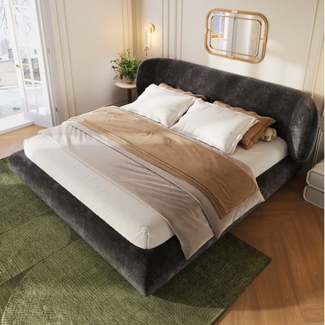 MODFU – Letto matrimoniale 160x200 cm in ciniglia con testiera imbottita, schiuma 12 cm, rete a doghe e carico 300 kg – Grigio (1/5)