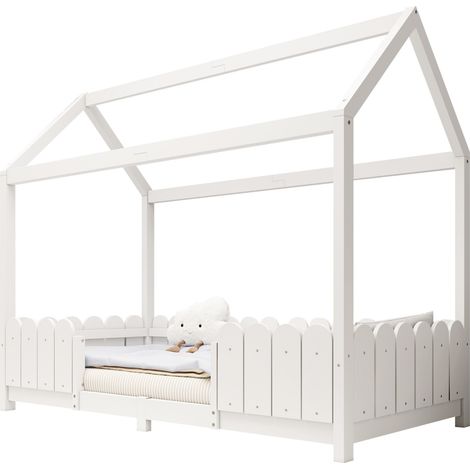 Lit cabane enfant 90x200 cm en bois massif blanc avec barrières anti-chute et sommier à lattes (1/5)
