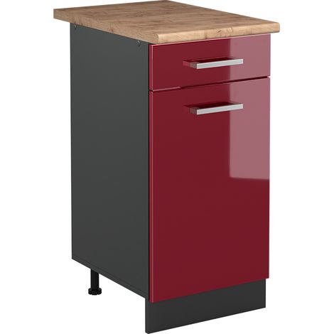 Küchenunterschrank R-Line, Rot Hochglanz/Anthrazit, 40 cm Arbeitsplatte Goldkraft Eiche, Vicco (1/5)