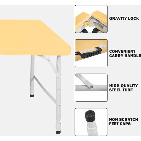 Table pliante robuste et portable 125cm, hauteur ajustable, poignée intégrée, table multifonction pour camping, pique-nique, fêtes intérieur/extérieur, capacité 135kg, couleur jaune clair