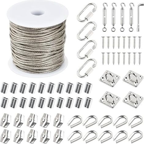 Kit Cable Acier 3mm, 30m Serre Cable Inox 7x7 PVC Gainé avec 4 Tendeur, 20 Boucles, 10 Cosses, 10 Serre Câbles Acier, 4 Crochets Muraux, 4 Mousquetons et Clé, Fil a Linge Extérieur (2mm) (1/5)