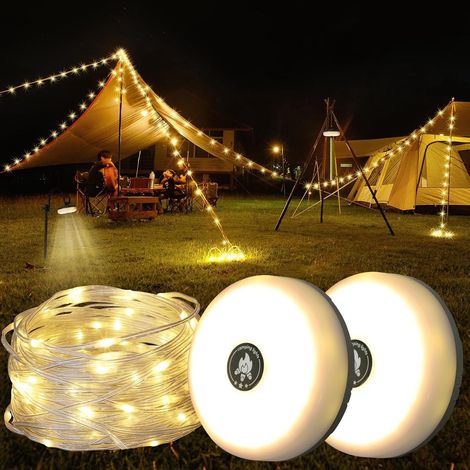 Set di 2 luci decorative a stringa per campeggio (10 m) - Lampada LED ricaricabile - Lampada da esterno impermeabile - Luce calda - Ideale per campeggio, interruzioni di corrente e situazioni di emerg (1/5)