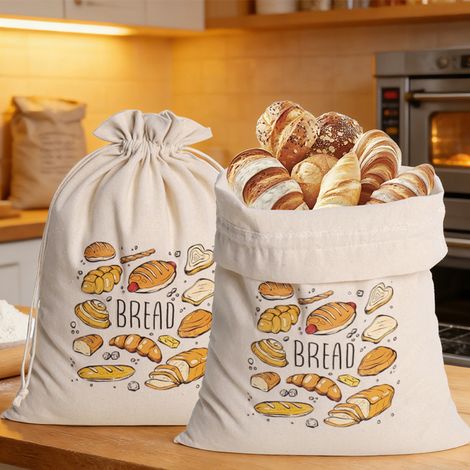 Set mit 2 Brottaschen für selbstgebackenes Brot, wiederverwendbare Aufbewahrung aus Bio-Baumwolle für Sauerteigbrot und Baguettes (1/4)