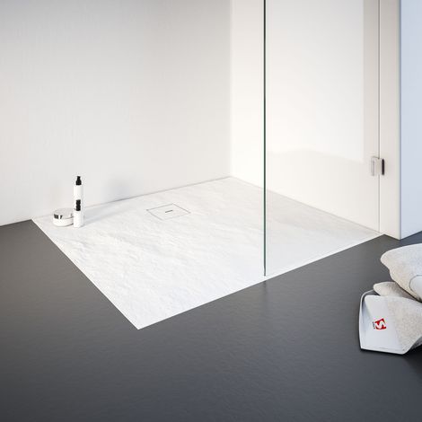 Receveur de douche 90 x 100 cm résine minérale de plain-pied, décor effet Pierre blanche, Schulte