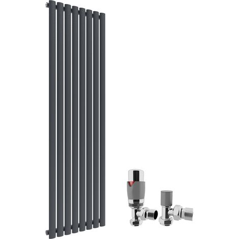 ELEGANT Column Radiators Anthracite 1600 x 480mm Oval Single Panel Heater Designer Vertical Radiator + Chrome Thermostatic Radiator Valves (1/5)