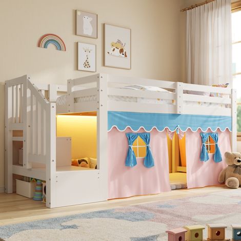 Letto a soppalco per bambini 90x200 cm con illuminazione a LED, tende oscuranti e contenitore, per camera da letto, in pino e MDF bianco (1/5)