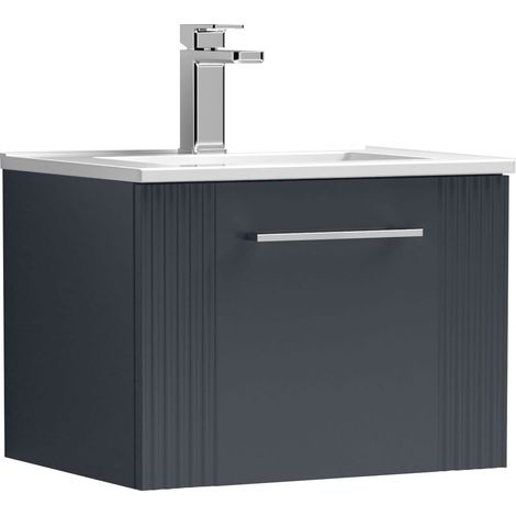Nuie Deco Satin Soft Black 500mm Wall Hung Single Drawer Vanity Unit and Minimalist Ceramic Basin - DPF1491B (1/6)