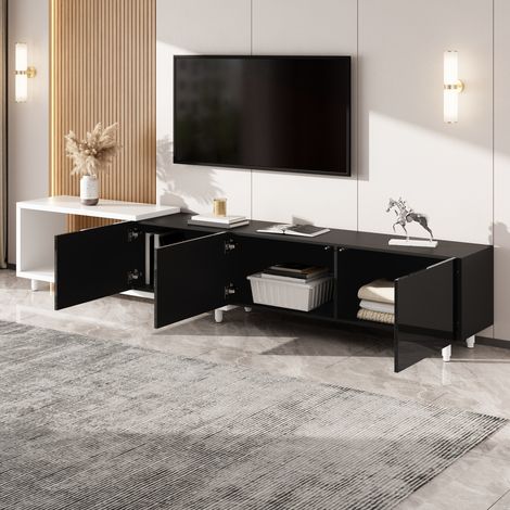 Meuble TV coulissant bas avec 3 portes laquées, pieds métalliques, charnières silencieuses, rangement spacieux, style contemporain, armoire média extensible pour salon. (1/5)