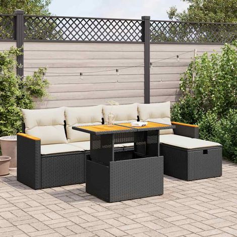 Ensemble salon jardin 6 places noir résine tressée avec table extensible et rangements - 2 canapés d'angle, 2 canapés accoudoirs, 1 table, 1 pouf (1/5)