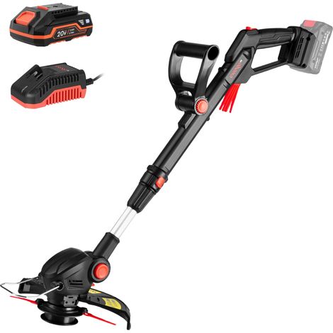 Dnipro-M Cortabordes Inalámbrico 20V con Batería 2,0 Ah y Cargador, 9.000 RPM, Ø 260 mm, 1,6 kg, Barra Telescópica, Cabezal Giratorio 180°, Motor Ajustable 0–60°, 20 Cuchillas Plásticas, DTC-201