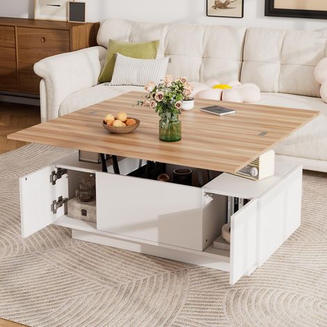 Table basse relevable - 100x50x55.5cm - espace de rangement dissimulé - charge jusqu'à 50 kg - Blanc et bois (1/5)
