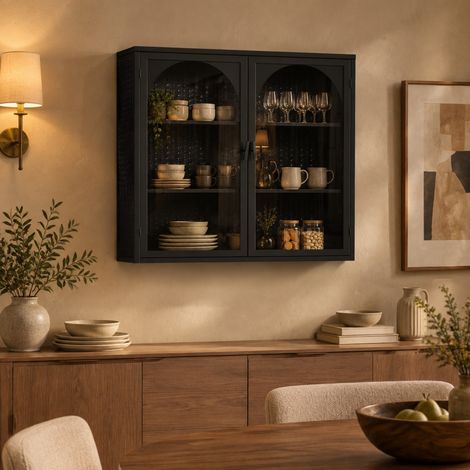 Armadio pensile 70x23x60 cm in metallo e vetro nero, 3 ripiani, MEUBLIV (1/5)