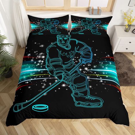 Parure de lit 135 x 200 cm Joueurs de hockey sur glace Couleurs fluo Pour garçons et filles Pour adolescents linge de lit hockey sur glace (1/5)