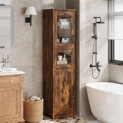 Meuble Salle de Bain, Colonne, Rangement avec Étagères Réglables, Placards à Porte, Tiroir, Compartiment, 40x30x170cm ,Marron (1/5)