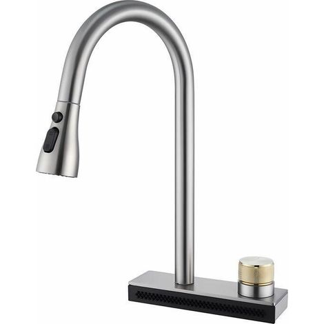 Robinet de cuisine avec douchette rétractable, bec cascade, rotation à 360°, réglage de la température de l'eau chaude et froide, finition brossée. (1/5)