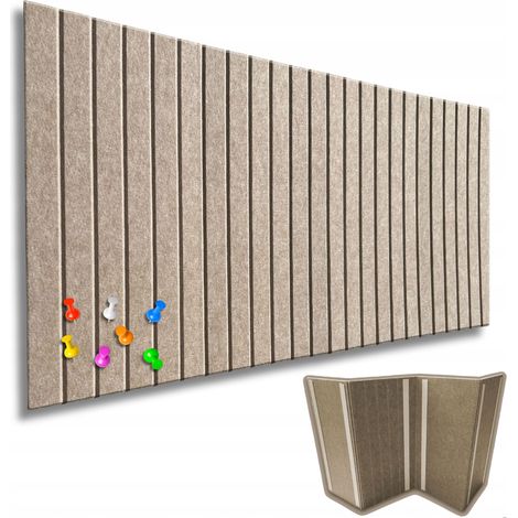 VERDICO Panneau mural acoustique en feutre 60x120 cm - tableau d'affichage mural punaisable à lamelles, beige foncé, 42 punaises incluses