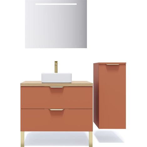 Meuble de salle de bain suspendu vasque à poser 90cm 2 tiroirs Terracotta + miroir + colonne ouverture droite - Venice (1/5)