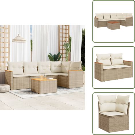 6-tlg. Garten-Sofagarnitur mit Kissen Beige Poly Rattan - Gartenmöbel Set - Esszimmergarnitur - Outdoor Lounge - Rattan Gartenmöbel - Balkonmöbel (1/5)