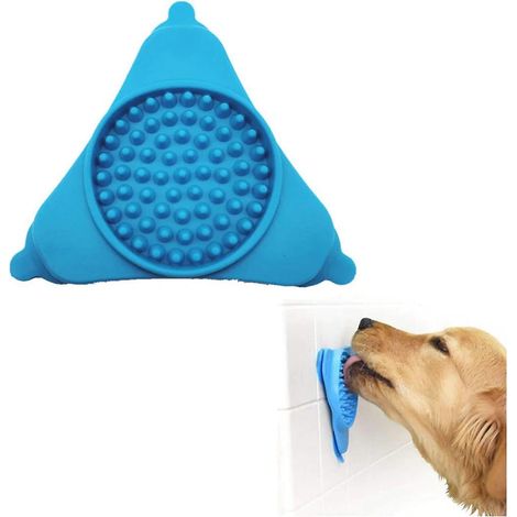 Gamelle à lécher distributrice de friandises pour chiens et chats, à ventouses pour fixation murale ou au sol, bleue (1/5)