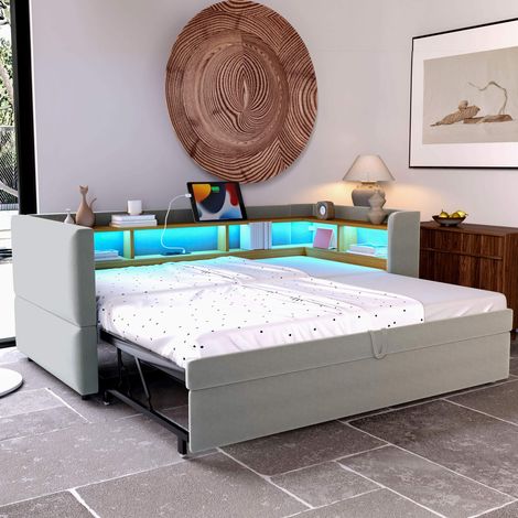 Lit gigogne capitonné 90x190 cm avec sommier à lattes inclus, lit banquette extensible 180x190 cm, LED, prises électriques et rangements, sans matelas (1/5)